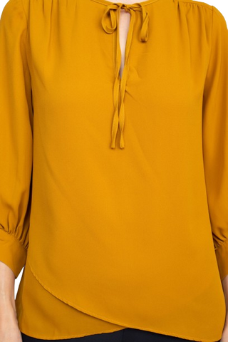 Joan Vass NY Crew Neck Tie Neck 3-4 Shirred Sleeve Front Panel Double Layer Crepe Top - By Baano