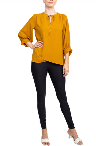 Joan Vass NY Crew Neck Tie Neck 3-4 Shirred Sleeve Front Panel Double Layer Crepe Top - By Baano