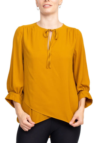 Joan Vass NY Crew Neck Tie Neck 3-4 Shirred Sleeve Front Panel Double Layer Crepe Top - By Baano