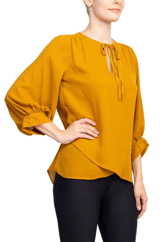 Joan Vass NY Crew Neck Tie Neck 3-4 Shirred Sleeve Front Panel Double Layer Crepe Top - By Baano