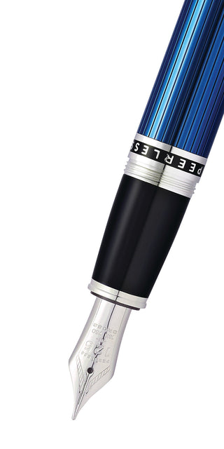 Peerless™ Translucent Quartz Blue Engraved Lacquer with Platinum Plated Appointments and Rhodium Plated 18KT Solid Gold Medium Nib Fountain Pen - By Baano