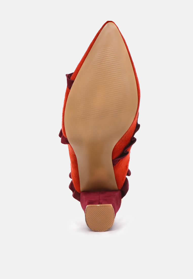 Venessa Blush High Heel Pointed Mules With Ruffles