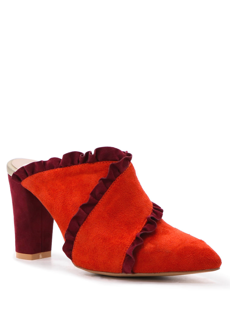 Venessa Blush High Heel Pointed Mules With Ruffles