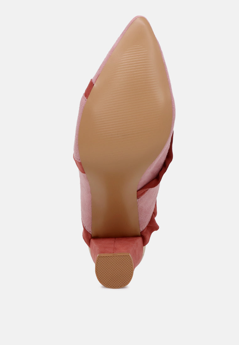 Venessa Blush High Heel Pointed Mules With Ruffles