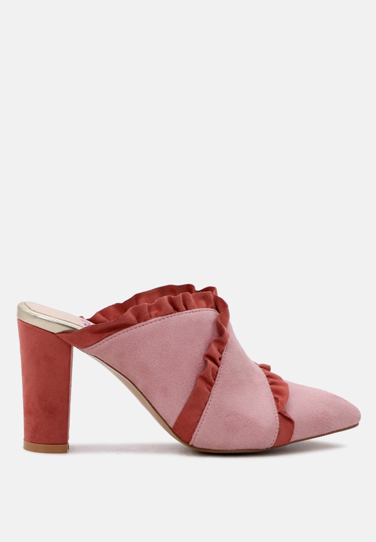 Venessa Blush High Heel Pointed Mules With Ruffles