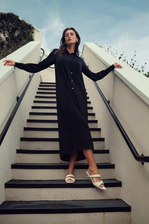 Flowy Black Pleated Shirt Dress