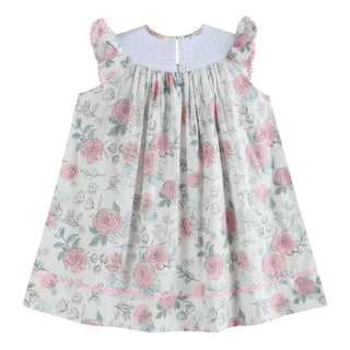White and Pink Floral Smocked Bishop Dress
