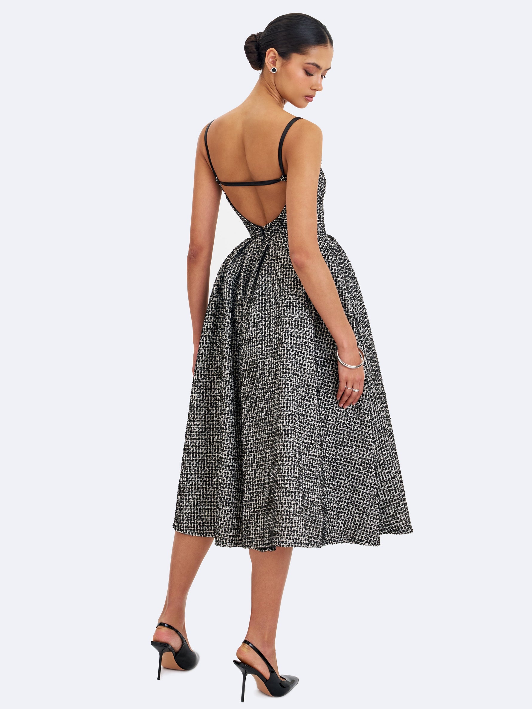 Katalina Black & White Tweed Backless Midi Dress
