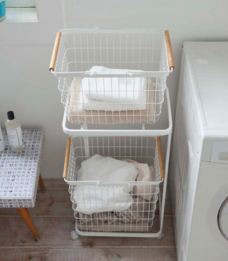 Rolling Laundry Cart + Wire Baskets (38" H)  - Steel + Wood - By Baano