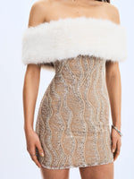 Averie White Fur Off-Shoulder Beige Sequin Mini Dress Miss Circle