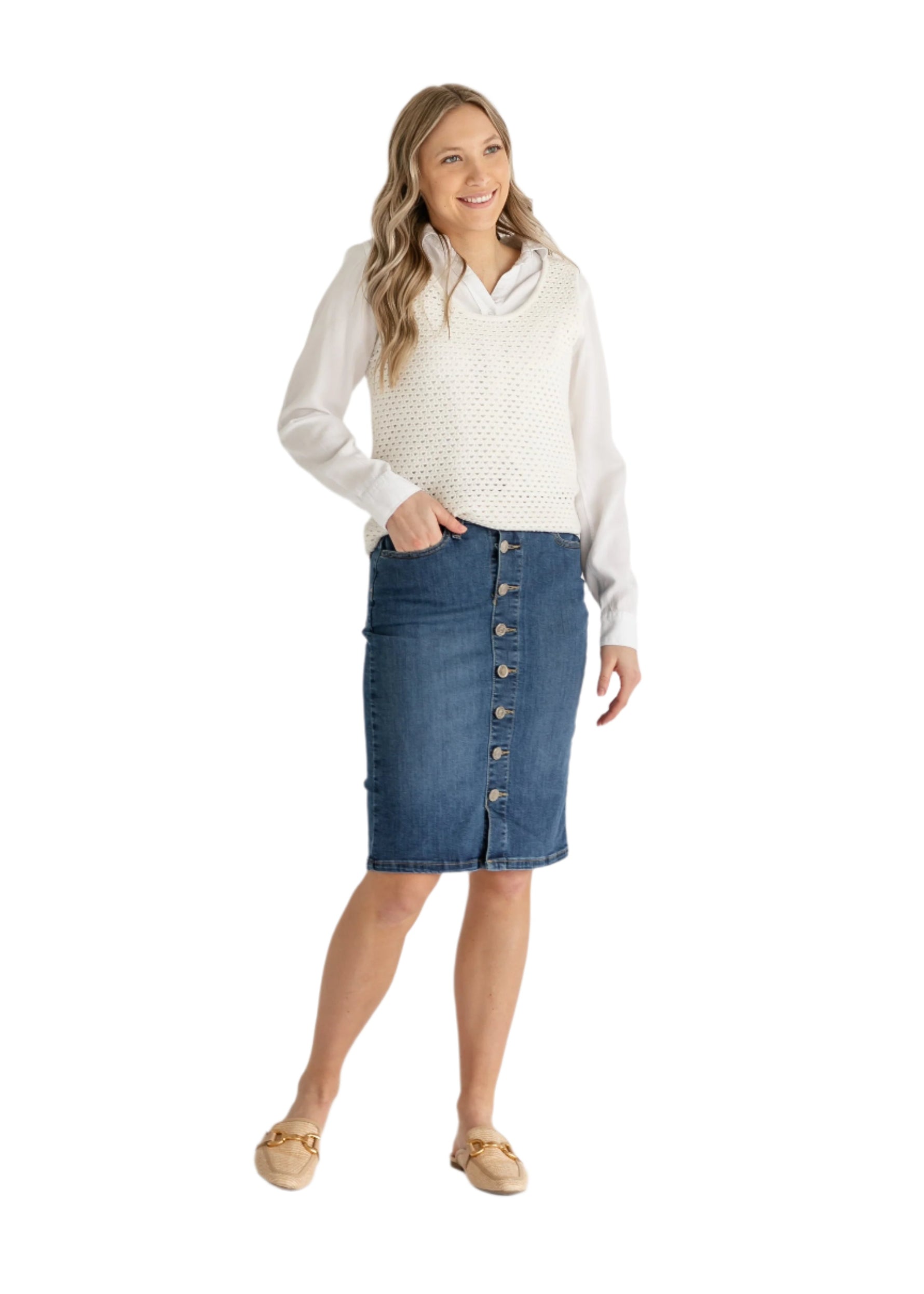 Zana Front Button Denim Midi Skirt - By Baano