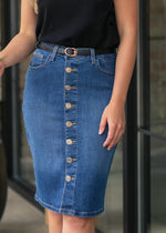 Zana Front Button Denim Midi Skirt - By Baano