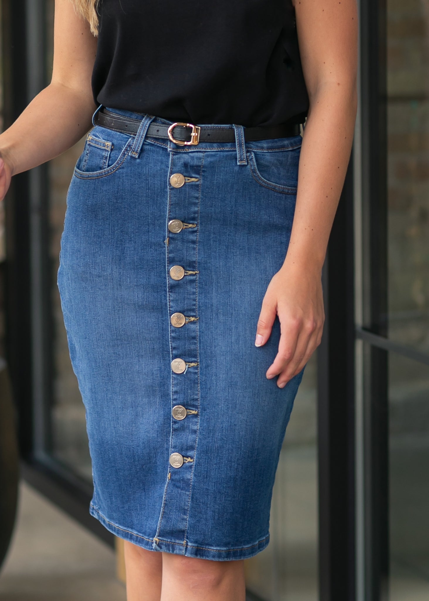 Zana Front Button Denim Midi Skirt - By Baano