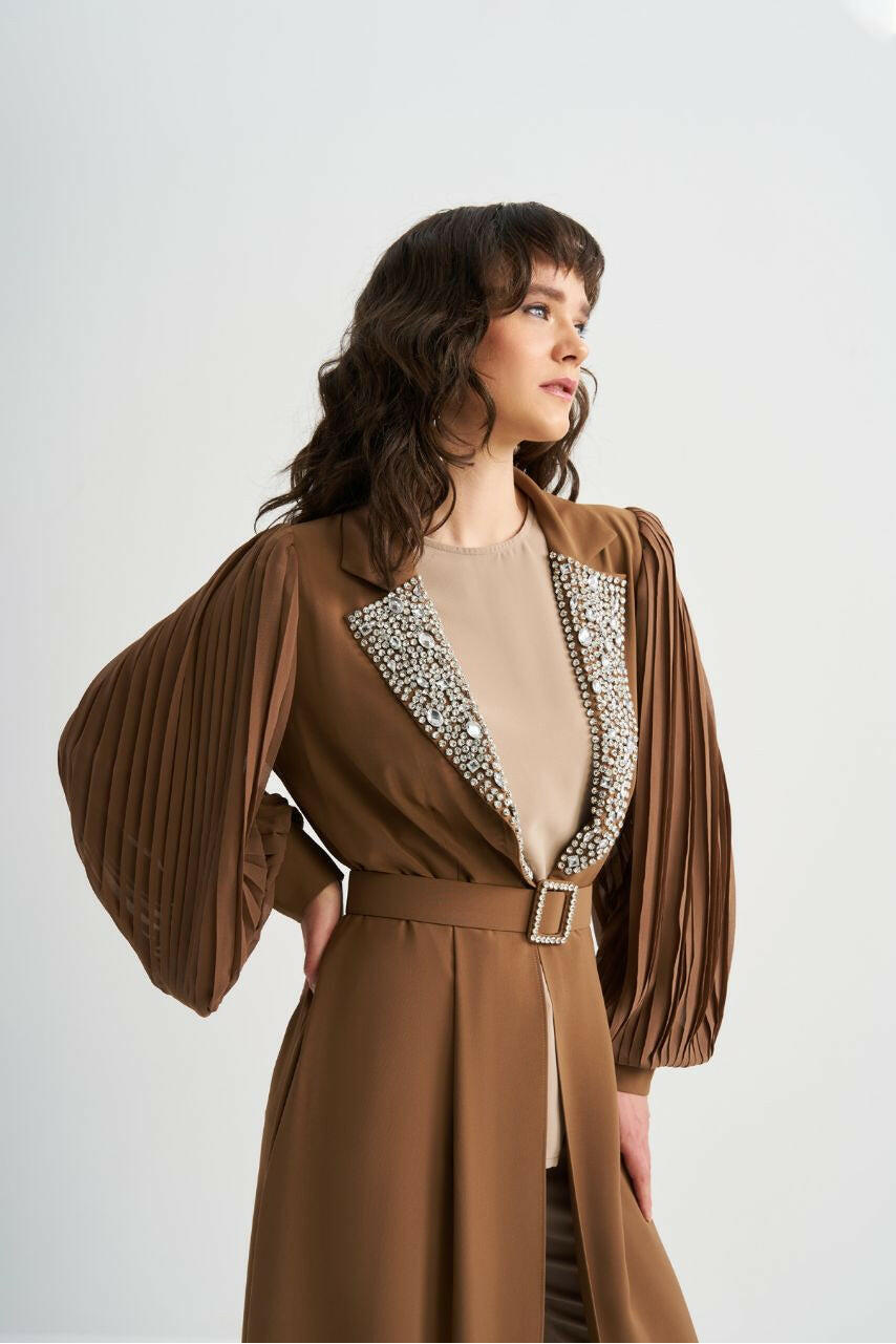 Pleated Sleeves Open Front Abaya with Sequin Design - Handmade - Glamourous Grace