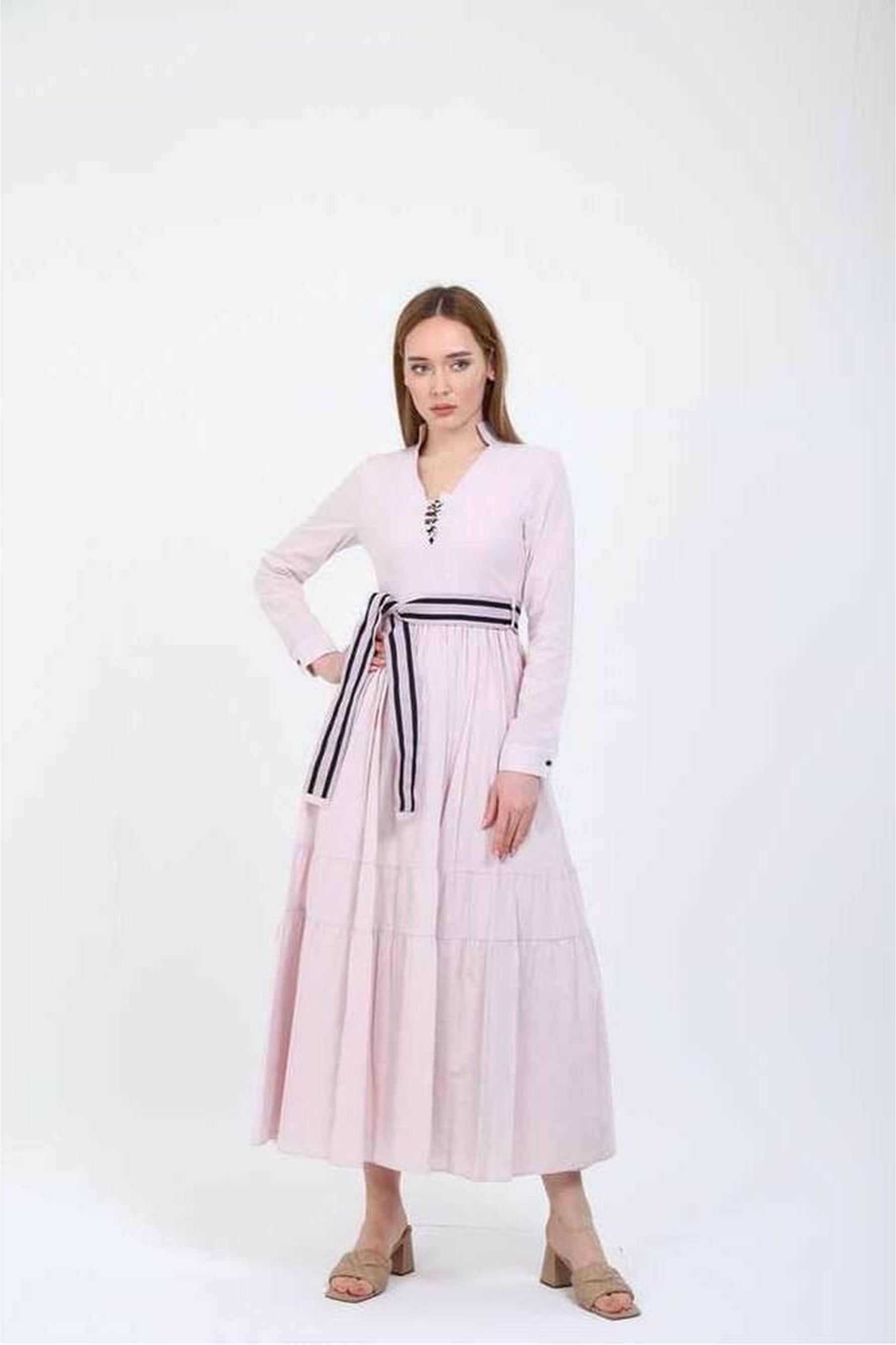 Elise V - Neckline Midi Dress Summer with Belt - By Baano