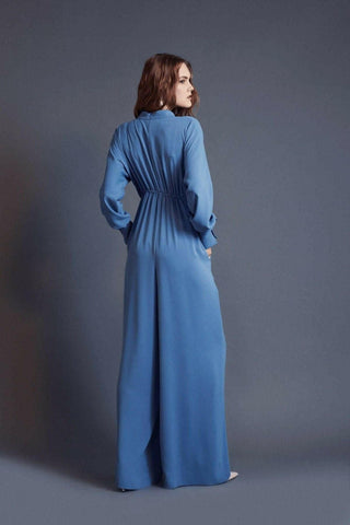 Draped Lisa Gathered High Waist Jumpsuit Blue -Modest Rompers - By Baano
