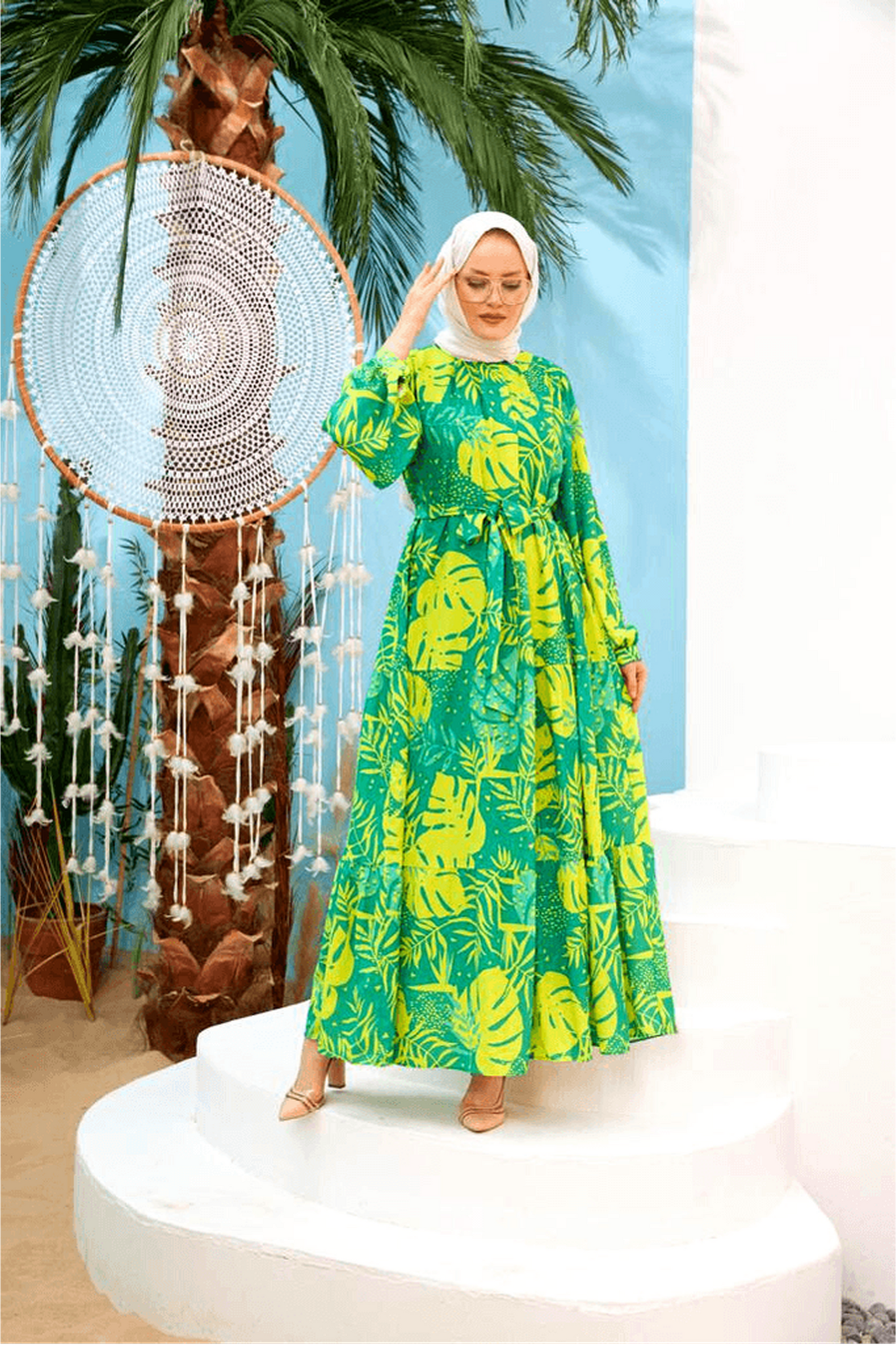 Maui Lime Green Maxi Dress with Detailed Side Design and Long Sleeves - By Baano