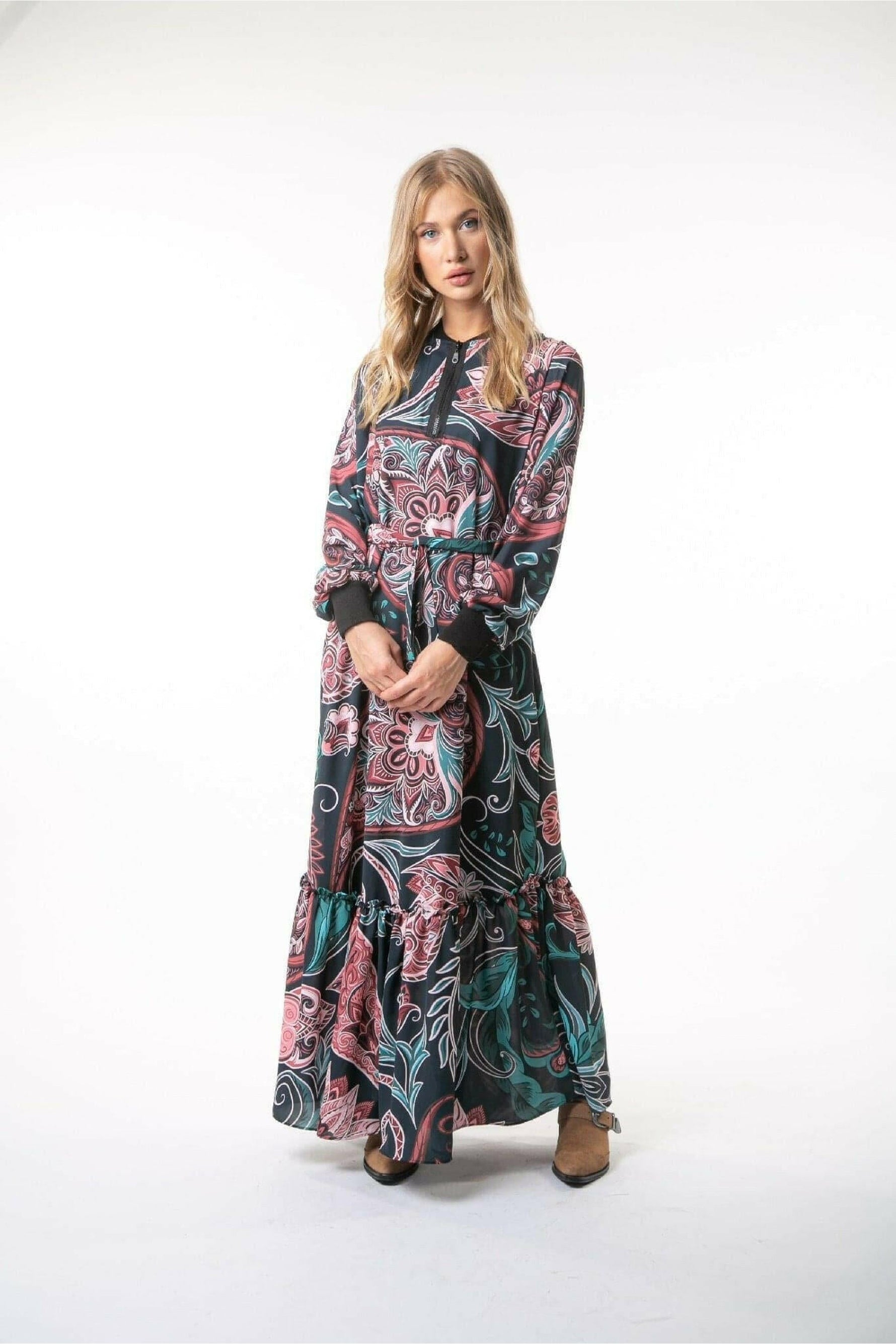 Sara Long Maxi Dress in Paisley Print with Long Sleeves - By Baano